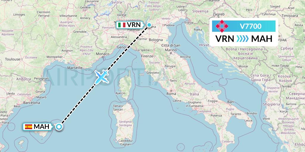 V7700 Volotea Flight Map: Verona to Mahon