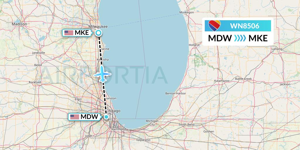WN8506 Southwest Airlines Flight Map: Chicago to Milwaukee