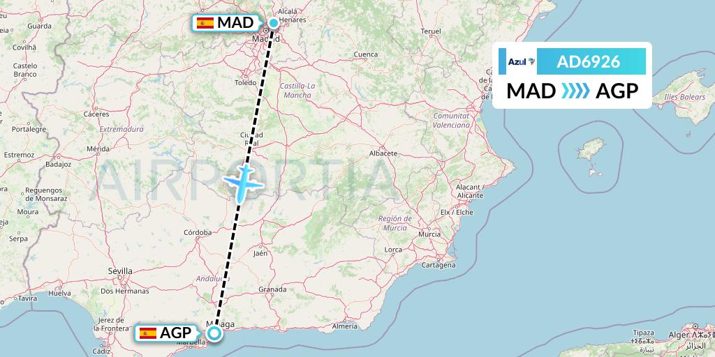 AD6926 Azul Brazilian Airlines Flight Map: Madrid to Malaga