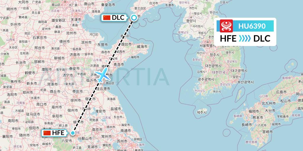 HU6390 Hainan Airlines Flight Map: Hefei to Dalian