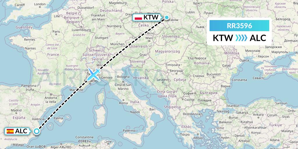 RR3596 Royal Air Force Flight Map: Katowice to Alicante