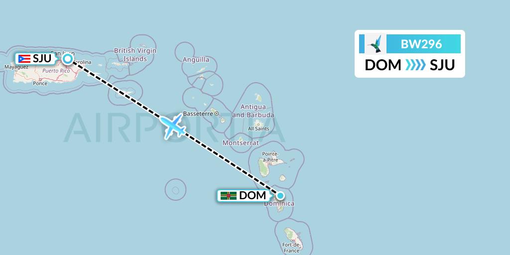 BW296 Caribbean Airlines Flight Map: Dominica to San Juan