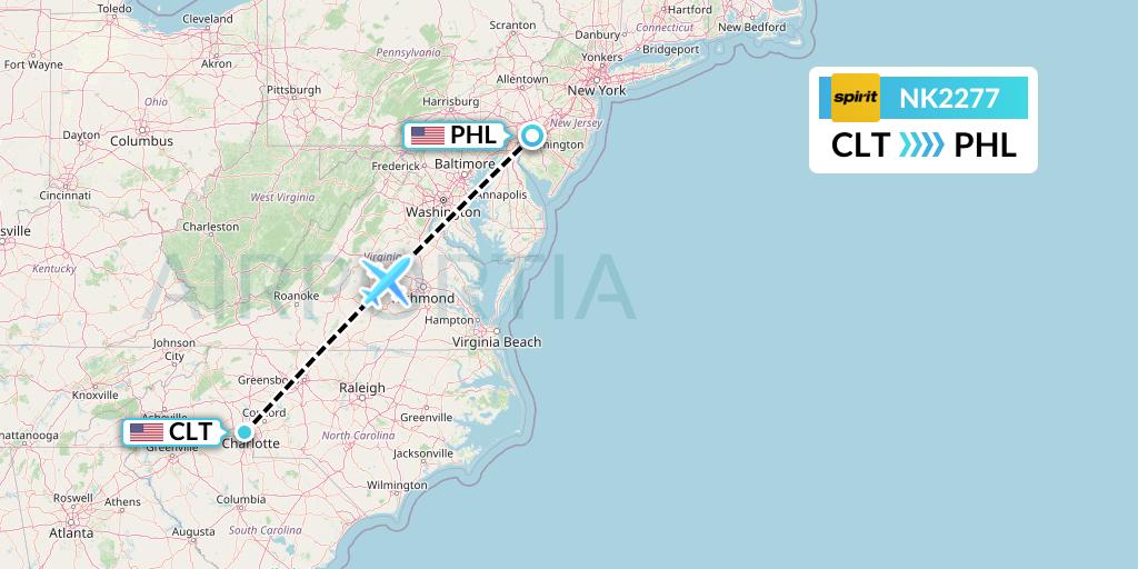 NK2277 Spirit Airlines Flight Map: Charlotte to Philadelphia