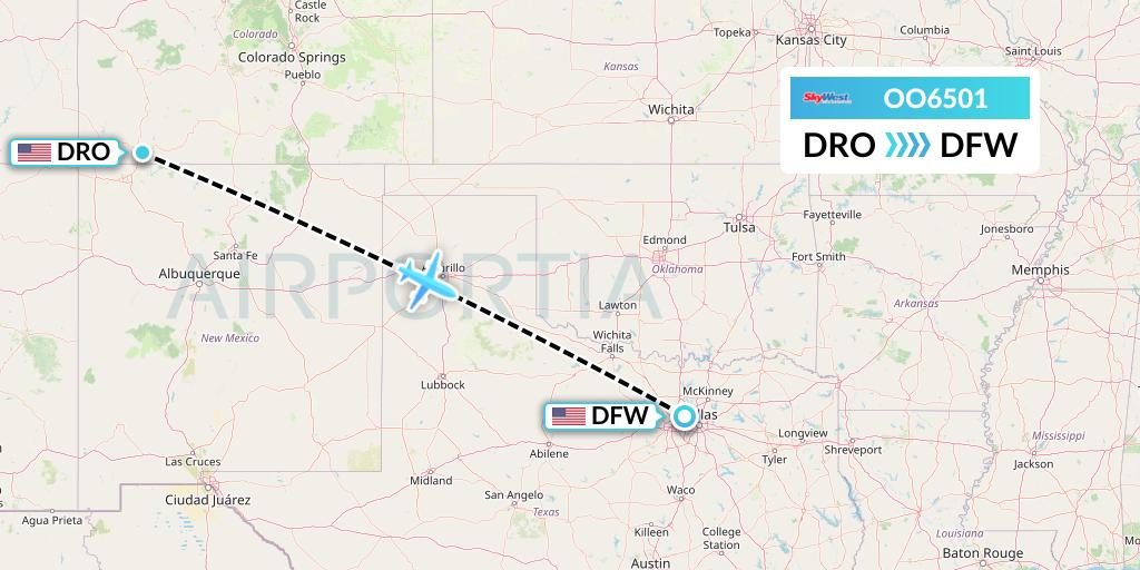 OO6501 SkyWest Airlines Flight Map: Durango to Dallas