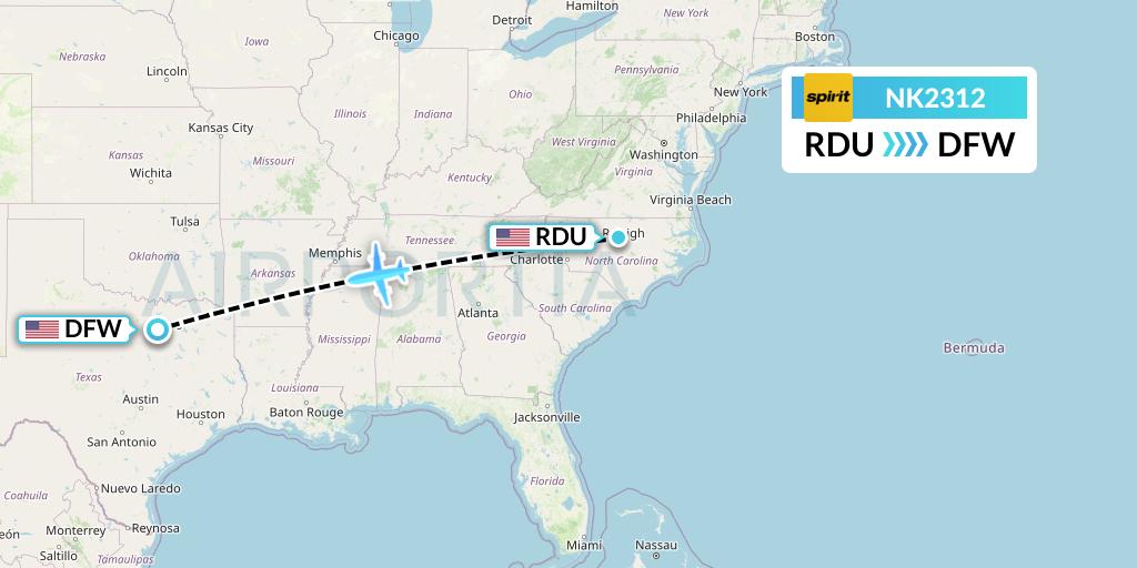 NK2312 Spirit Airlines Flight Map: Raleigh-Durham to Dallas