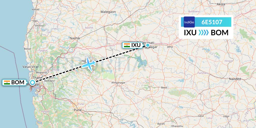 6E5107 IndiGo Airlines Flight Map: Aurangabad to Mumbai