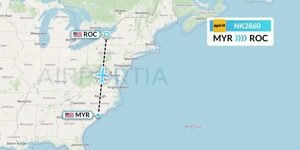 NK2860 Spirit Airlines Flight Map: Myrtle Beach to Rochester