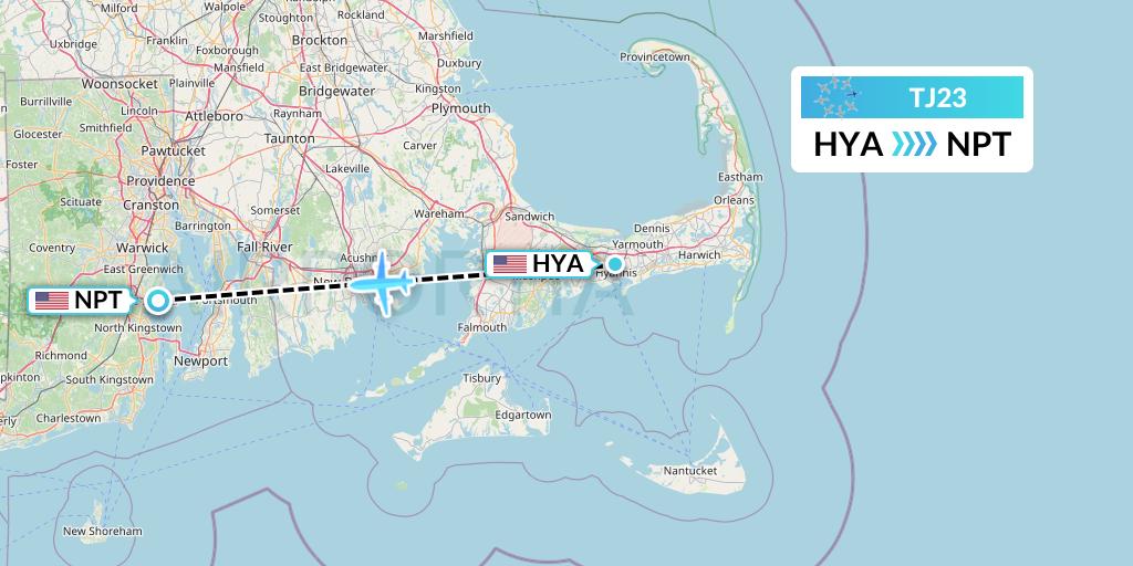 TJ23 Tradewind Aviation Flight Map: Hyannis to Newport