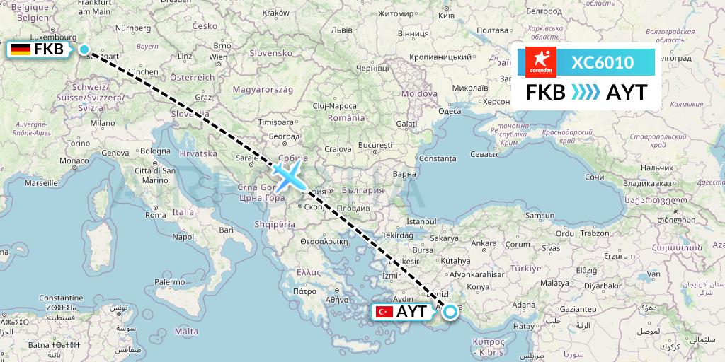 XC6010 Corendon Airlines Flight Map: Karlsruhe/Baden-Baden to Antalya