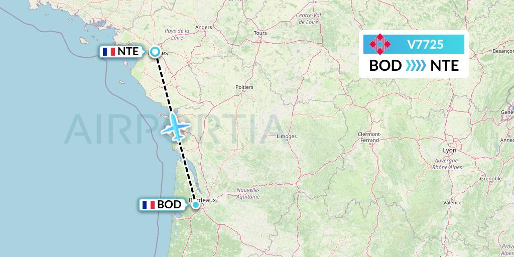 V7725 Volotea Flight Map: Bordeaux to Nantes