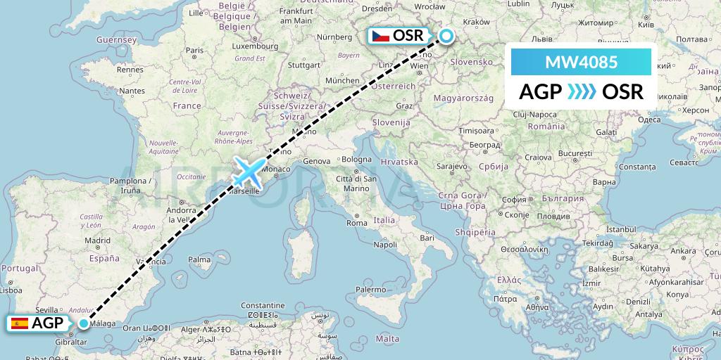 MW4085 Mokulele Flight Service Flight Map: Malaga to Ostrava