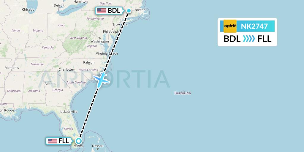NK2747 Spirit Airlines Flight Map: Windsor Locks to Fort Lauderdale