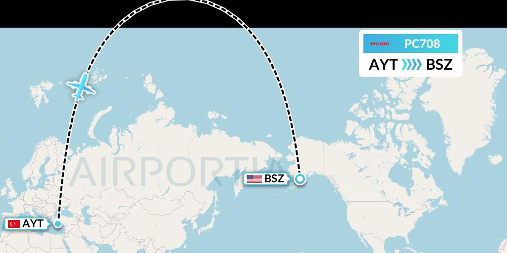 PC708 Pegasus Airlines Flight Map: Antalya to Egegik