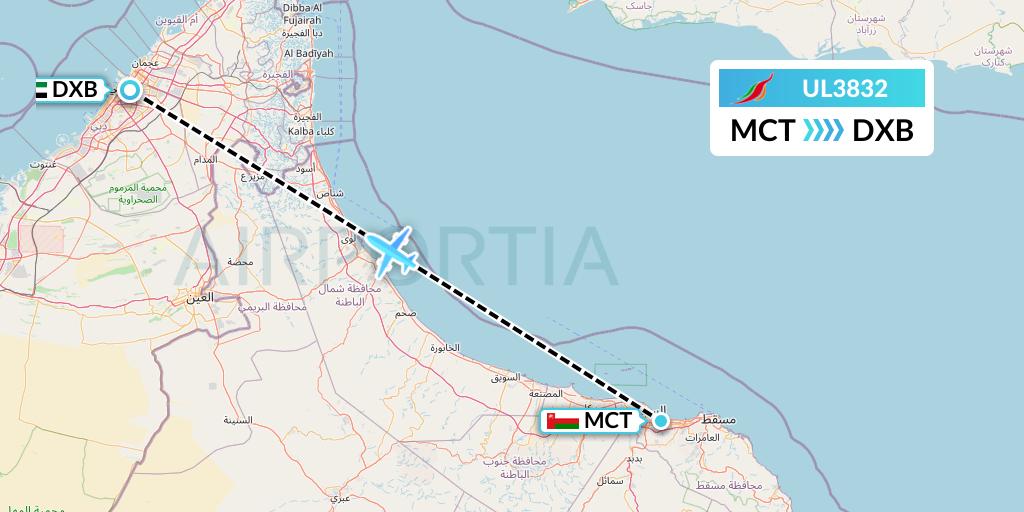UL3832 SriLankan Airlines Flight Map: Muscat to Dubai