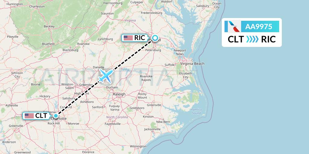 AA9975 American Airlines Flight Map: Charlotte to Richmond