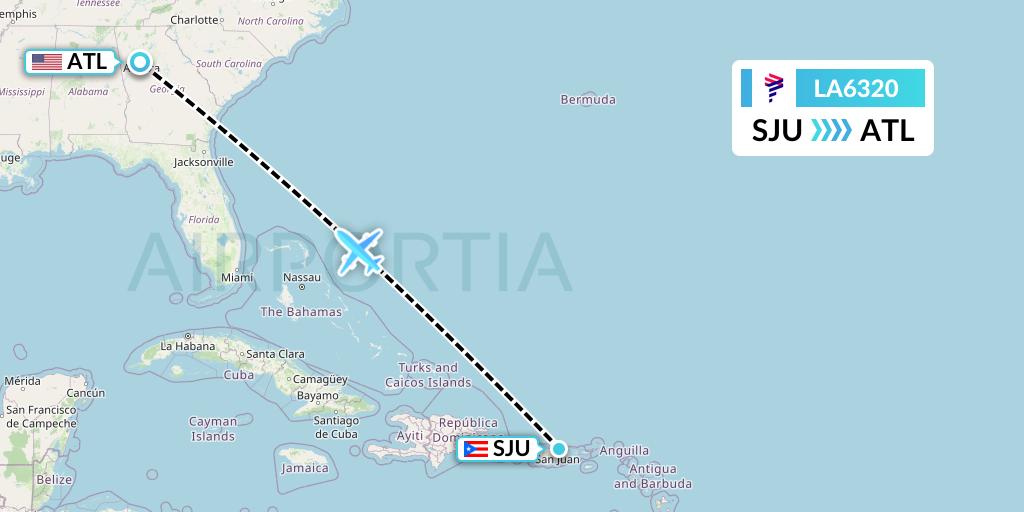 LA6320 LAN Airlines Flight Map: San Juan to Atlanta