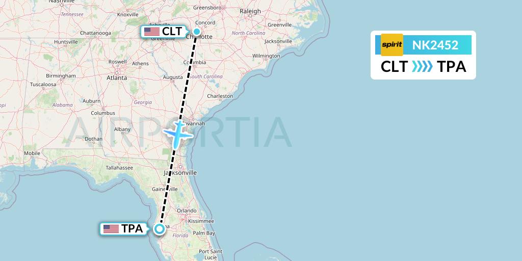 NK2452 Spirit Airlines Flight Map: Charlotte to Tampa