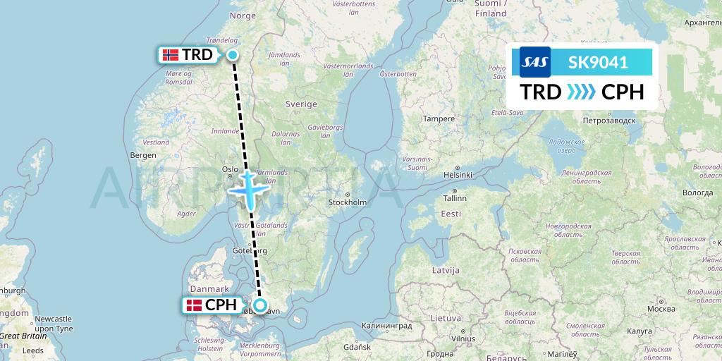 SK9041 SAS Flight Map: Trondheim to Copenhagen