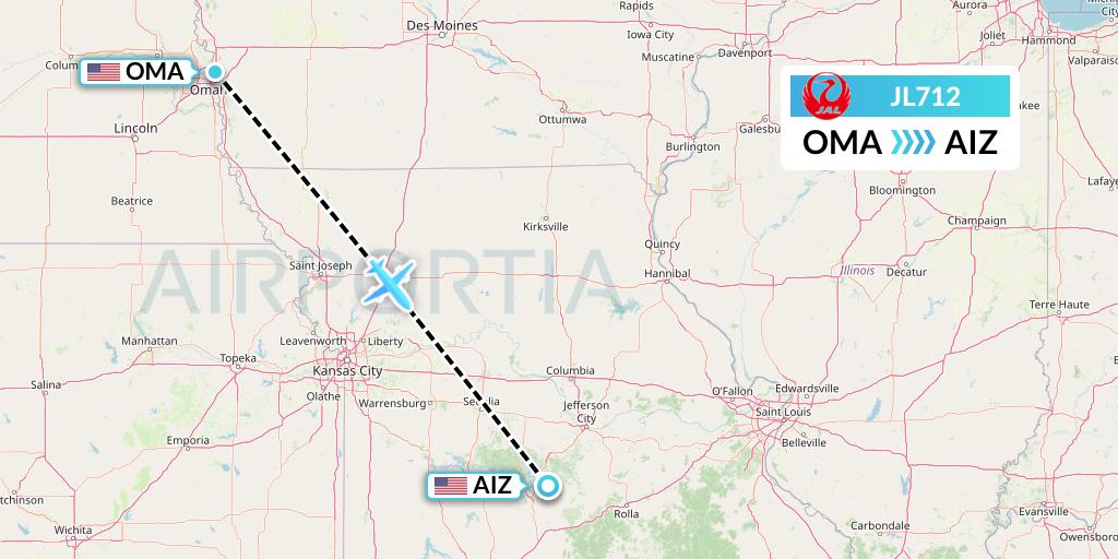 JL712 Japan Airlines Flight Map: Omaha to Kaiser Lake Ozark
