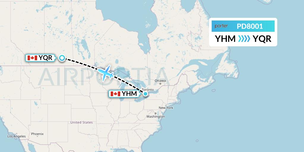 PD8001 Porter Airlines Flight Map: Hamilton to Regina