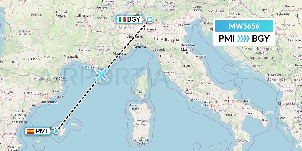 MW5656 Mokulele Flight Service Flight Map: Palma de Mallorca to Milan