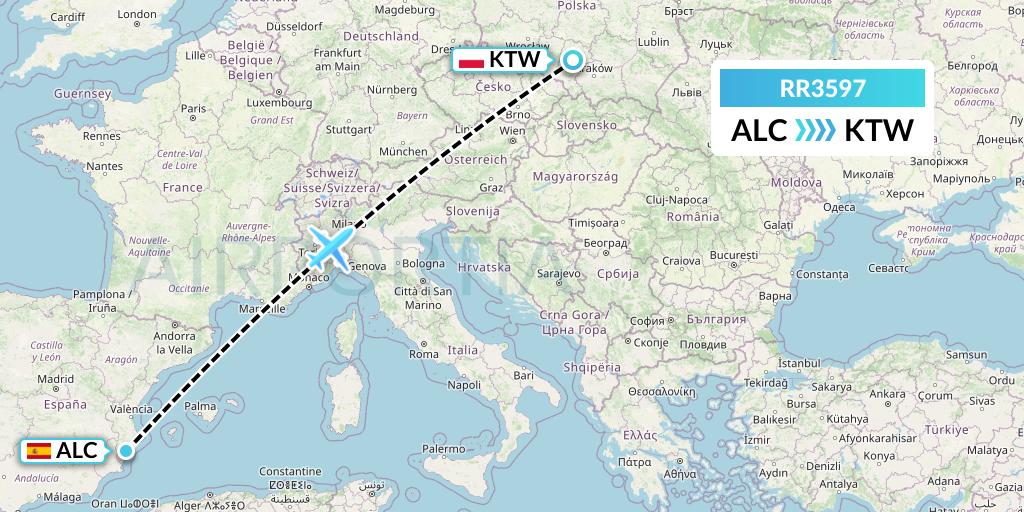 RR3597 Royal Air Force Flight Map: Alicante to Katowice