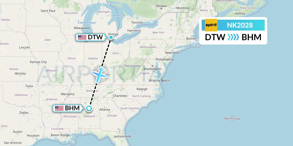 NK2028 Spirit Airlines Flight Map: Detroit to Birmingham
