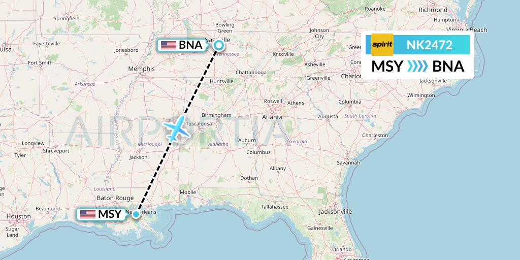 NK2472 Spirit Airlines Flight Map: New Orleans to Nashville