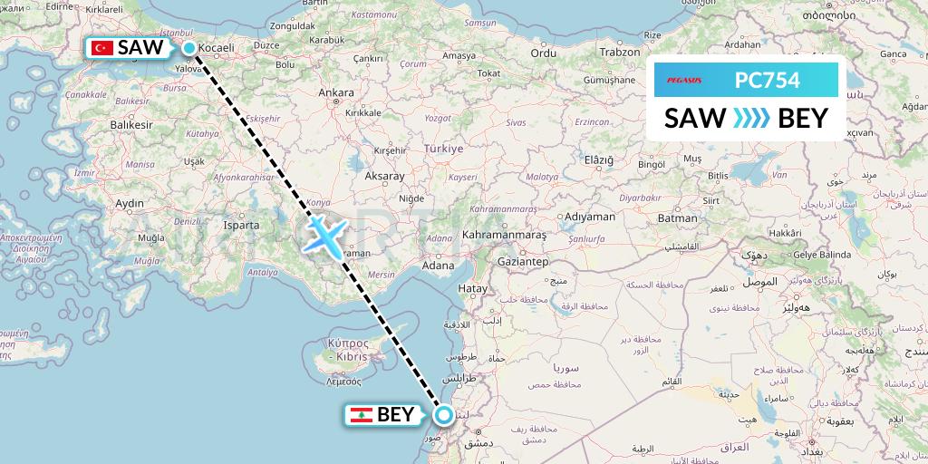PC754 Pegasus Airlines Flight Map: Istanbul to Beirut