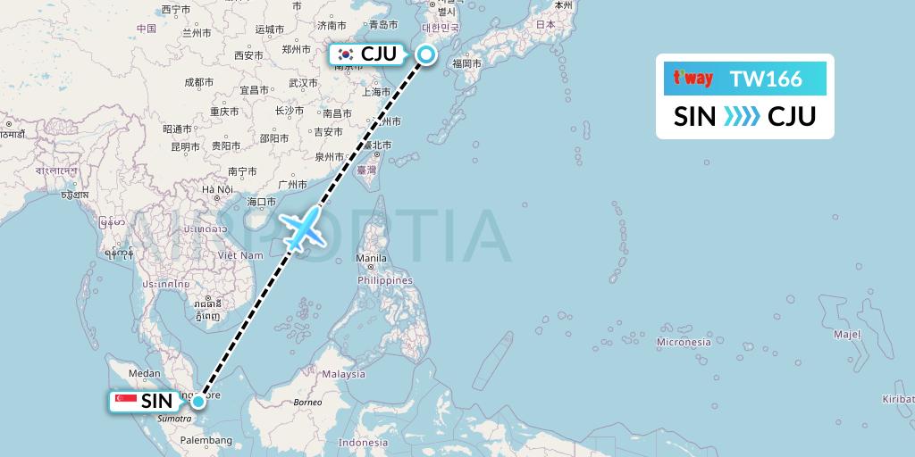 TW166 T'way Air Flight Map: Singapore to Jeju