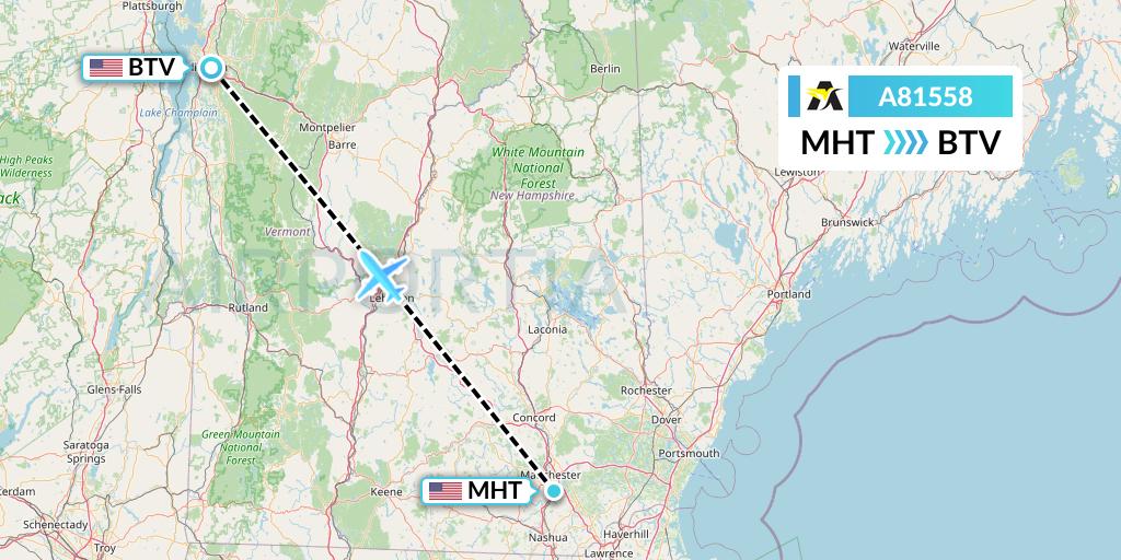 A81558 Aerolink Uganda Flight Map: Manchester to Burlington