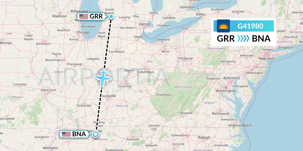 G41980 Allegiant Air Flight Map: Grand Rapids to Nashville