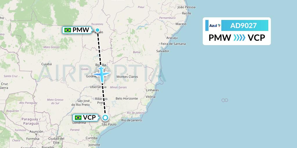 AD9027 Azul Brazilian Airlines Flight Map: Palmas to Campinas