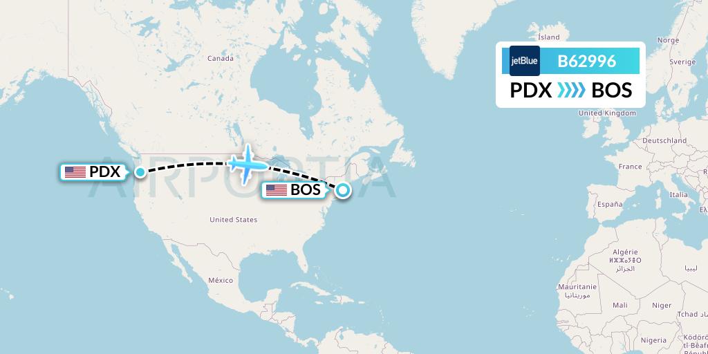B62996 JetBlue Airways Flight Map: Portland to Boston