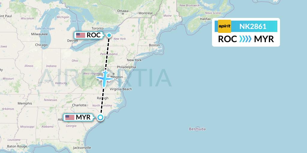 NK2861 Spirit Airlines Flight Map: Rochester to Myrtle Beach