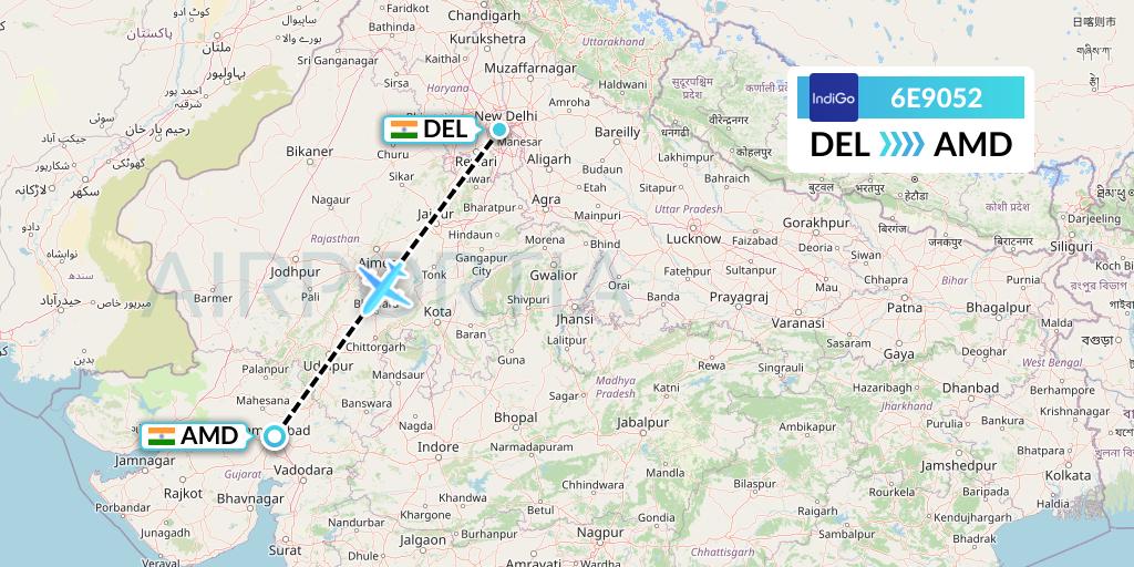 6E9052 IndiGo Airlines Flight Map: Delhi to Ahmedabad