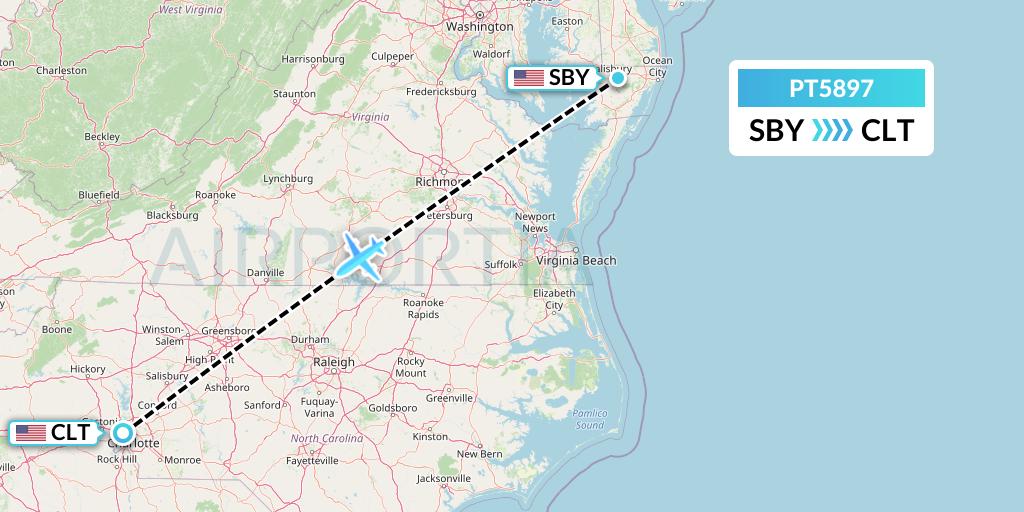 PT5897 Piedmont Airlines Flight Map: Salisbury to Charlotte