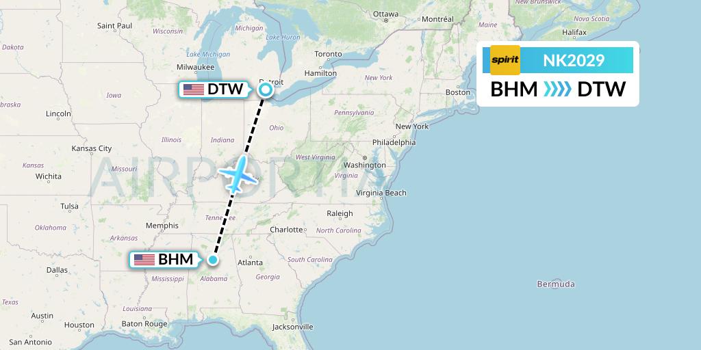 NK2029 Spirit Airlines Flight Map: Birmingham to Detroit
