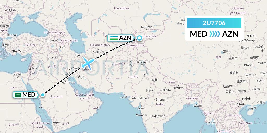 2U7706 Sun d'Or International Airlines Flight Map: Medina to Andizhan