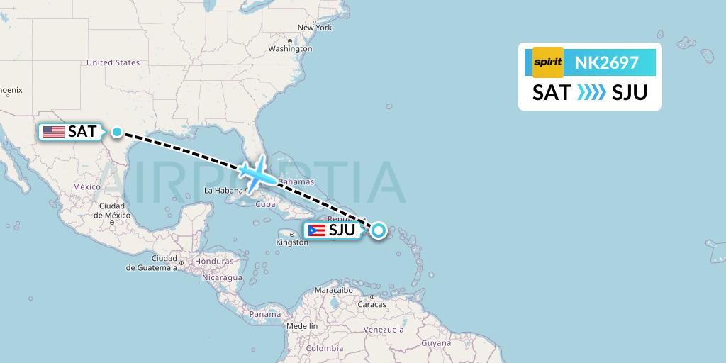 NK2697 Spirit Airlines Flight Map: San Antonio to San Juan