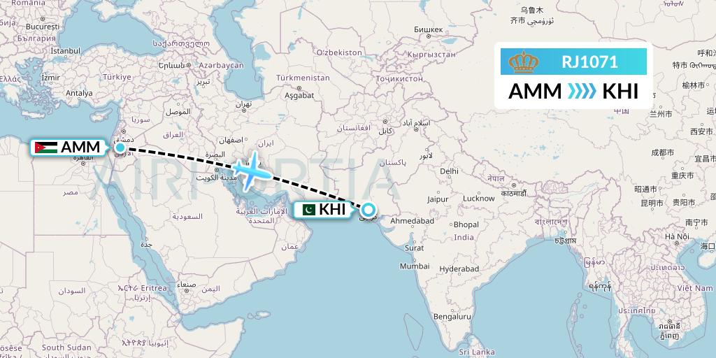 RJ1071 Royal Jordanian Flight Map: Amman to Karachi