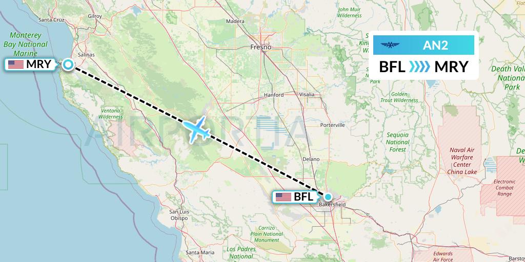 AN2 Advanced Air Flight Map: Bakersfield to Monterey