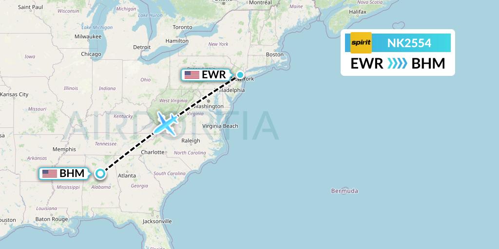 NK2554 Spirit Airlines Flight Map: New York to Birmingham