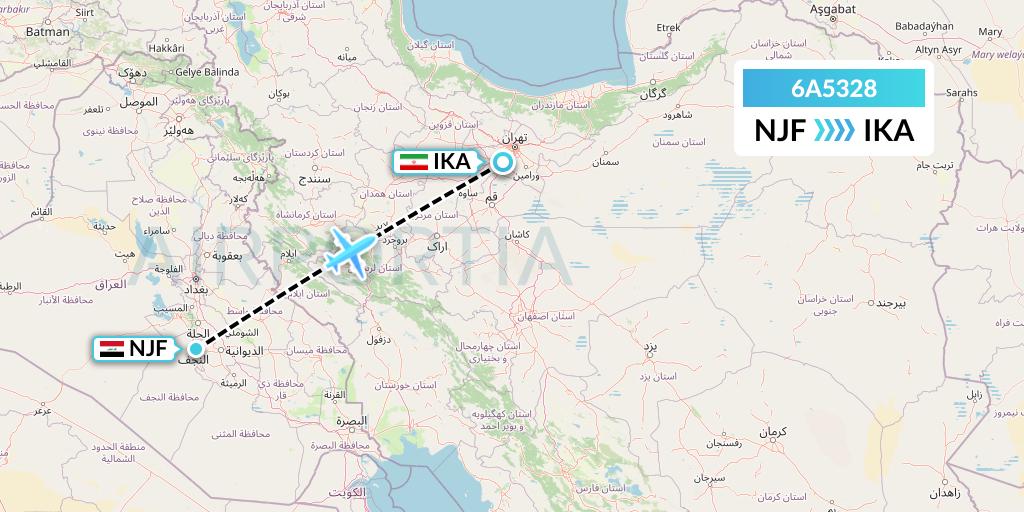 6A5328 Armenia Airways Aircompany CJSC Flight Map: Najaf to Tehran