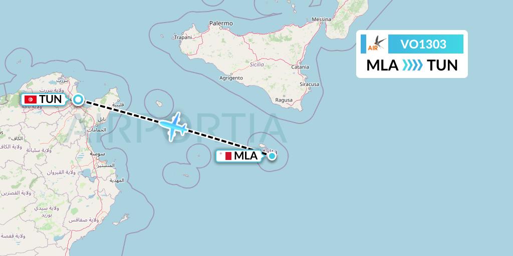 VO1303 Voyage Air Flight Map: Malta to Tunis