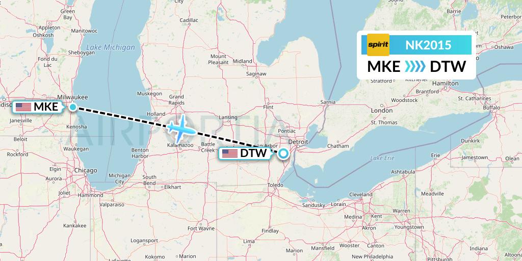 NK2015 Spirit Airlines Flight Map: Milwaukee to Detroit