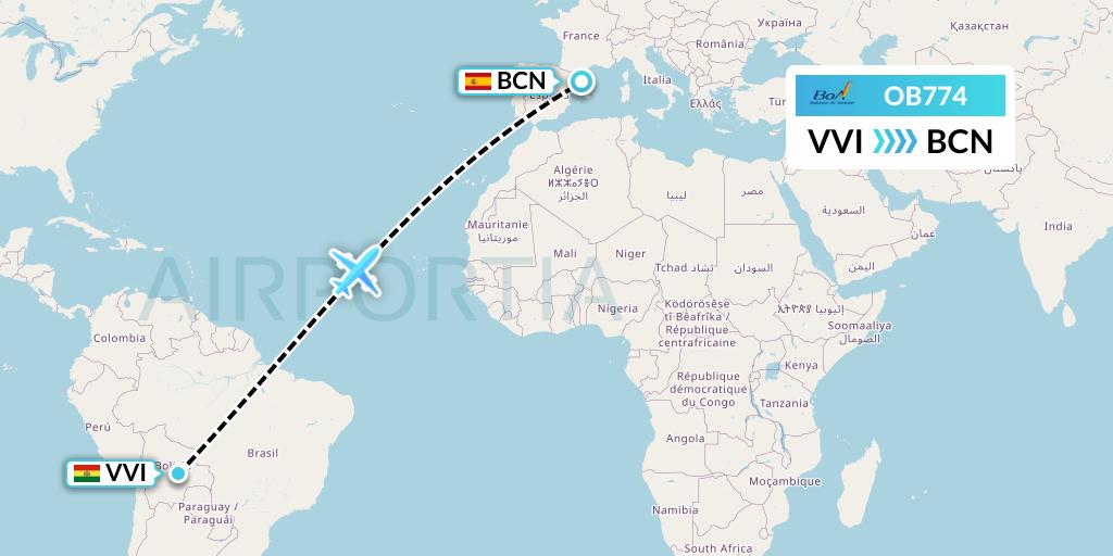 OB774 Boliviana de Aviacion Flight Map: Santa Cruz to Barcelona