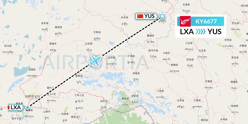 KY6677 Kunming Airlines Flight Map: Lhasa to Yushu