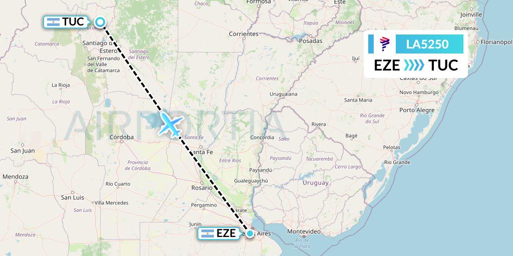 LA5250 LAN Airlines Flight Map: Buenos Aires to Tucuman