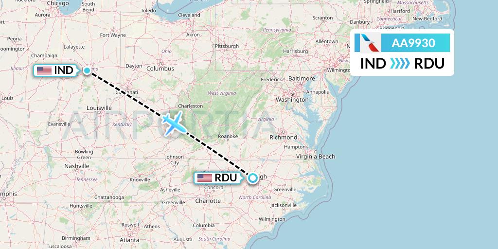 AA9930 American Airlines Flight Map: Indianapolis to Raleigh-Durham